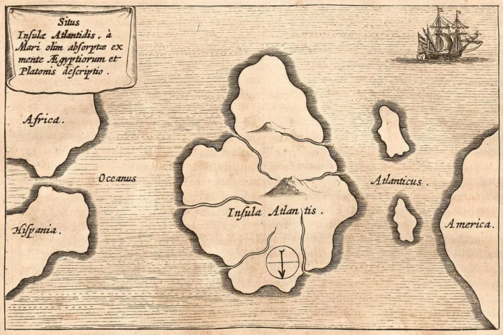 Historical speculative map placing Atlantis in the Atlantic Ocean