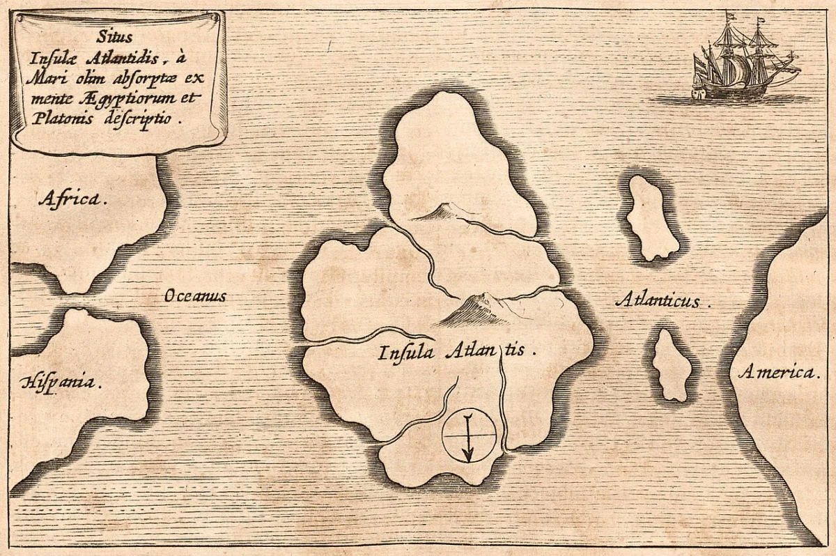 Historical speculative map placing Atlantis in the Atlantic Ocean