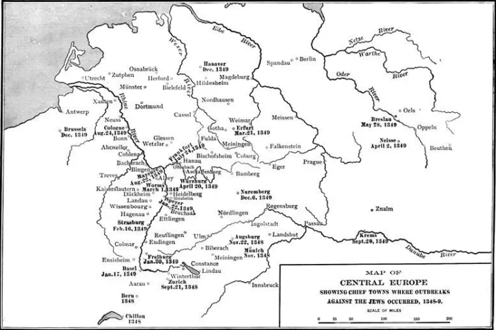 Historical map of the Black Death’s spread through Europe in 1348 and 1349