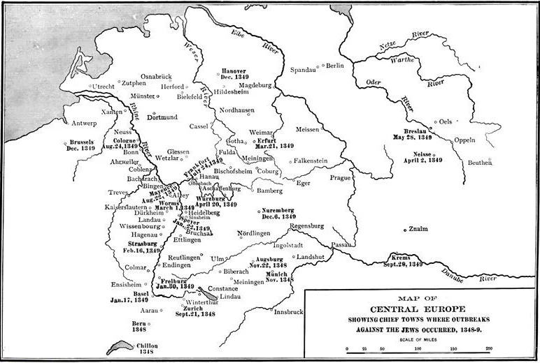 Historical map of the Black Death’s spread through Europe in 1348 and 1349