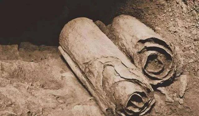 Rolled manuscript material illustrating the Dead Sea Scrolls discovery