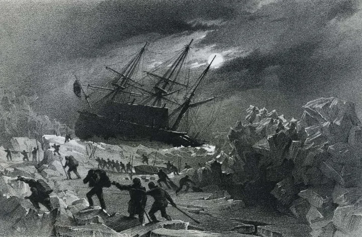 Historical illustration of an Arctic ship trapped among ice