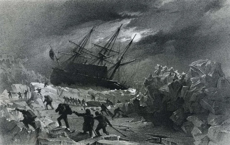 Historical illustration of an Arctic ship trapped among ice