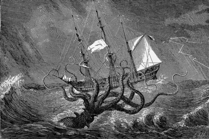 1887 illustration of an imagined kraken attacking a sailing ship
