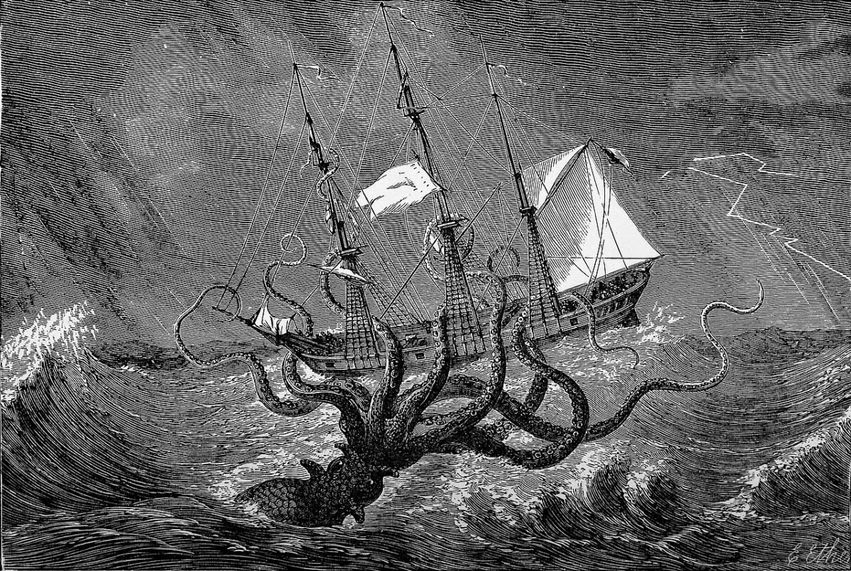 1887 illustration of an imagined kraken attacking a sailing ship