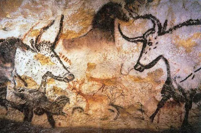 Painted animals on the cave walls at Lascaux