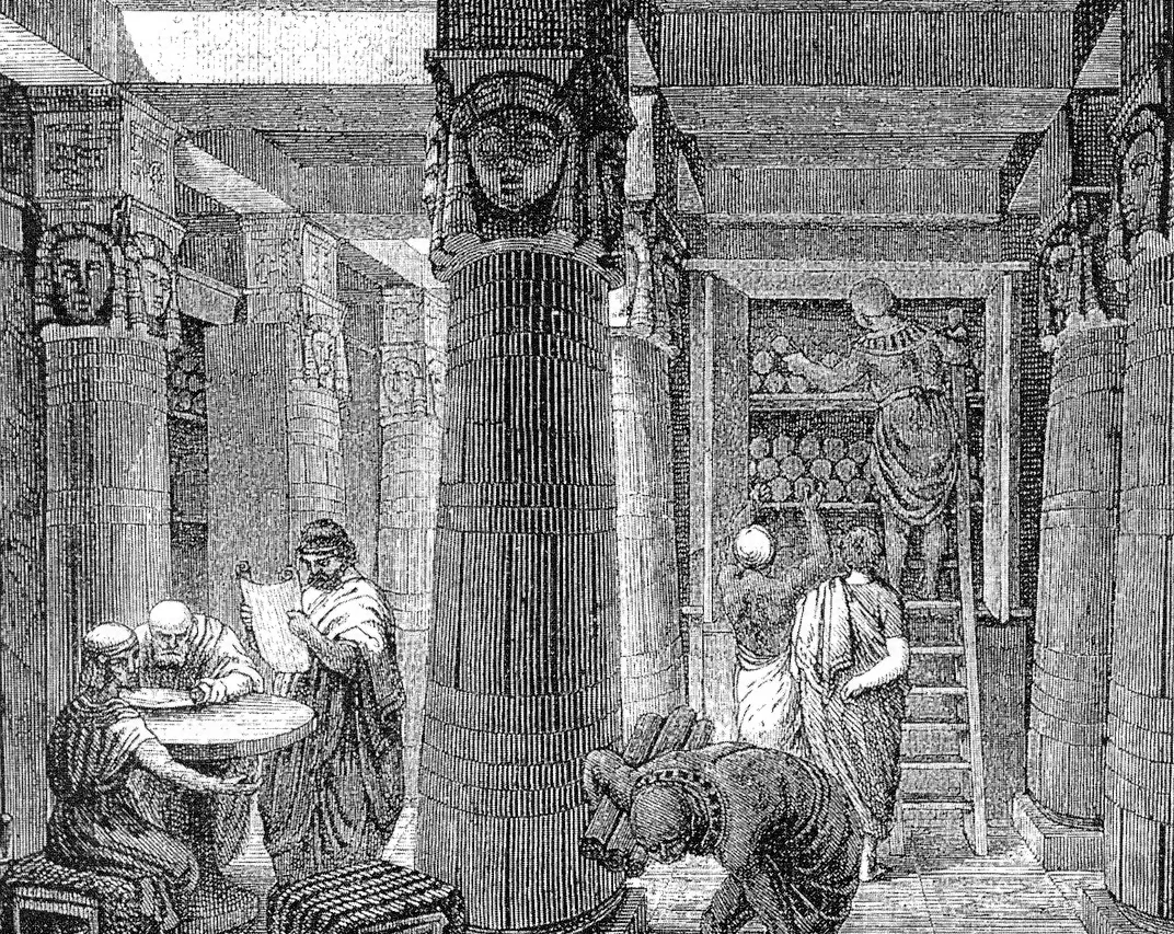 Nineteenth-century imagined interior of the ancient Library of Alexandria
