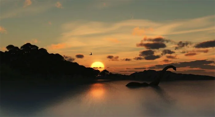 Illustration of an imagined Nessie silhouette against a lake sunset