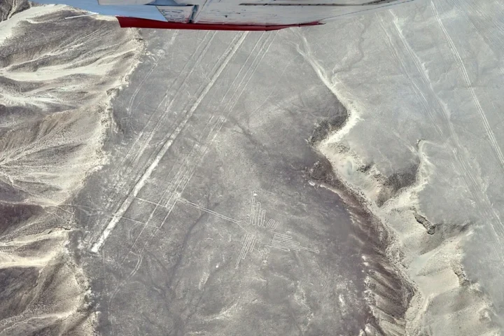 Aerial view of the hummingbird geoglyph in Peru’s Nazca Lines