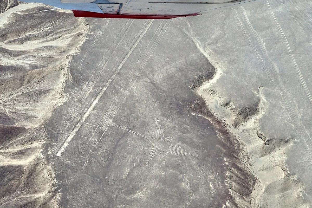 Aerial view of the hummingbird geoglyph in Peru’s Nazca Lines