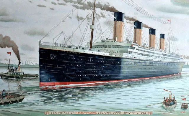Titanic showing its four funnels above the decks