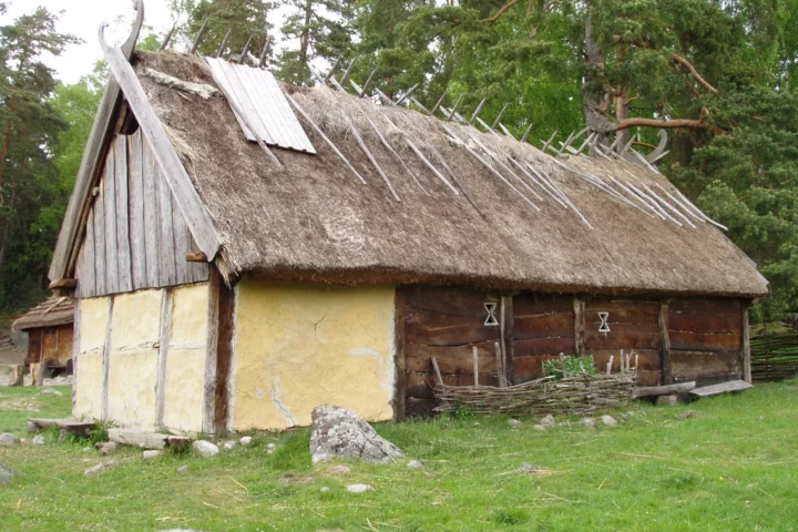 Reconstructed Viking longhouse at Gunnes Gård in Sweden