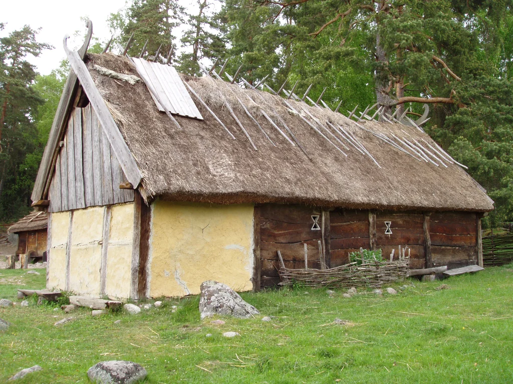 Reconstructed Viking longhouse at Gunnes Gård in Sweden